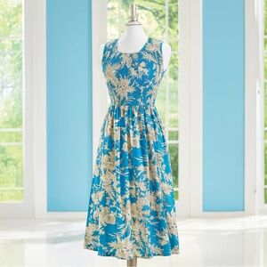 Sky Blue Smocked Dress, Floral Toile, Cotton, Full Skirt, Sleeveless